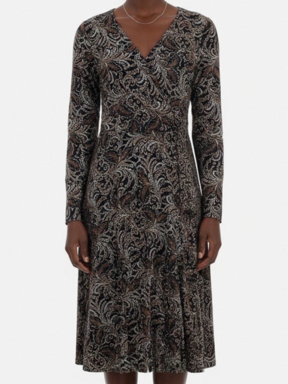 Talbots Long-Sleeve Paisley Faux Wrap Midi Dress in Black and Brown - Small